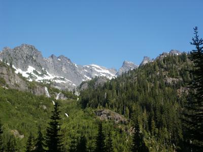 one more shot of waterfals, main and east peaks on right